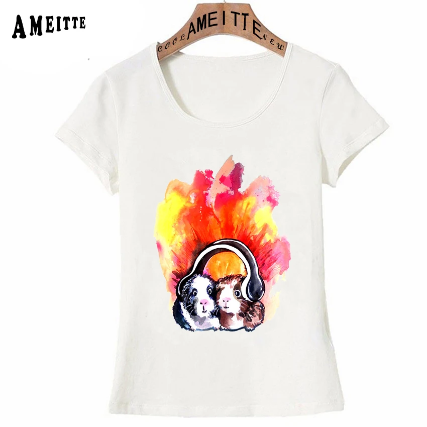 

New Summer Fashion Women t-shirt Guinea Pigs Listening to music Printed T-Shirt Cute Girl Casual Tops Hipster Cool Women Tees