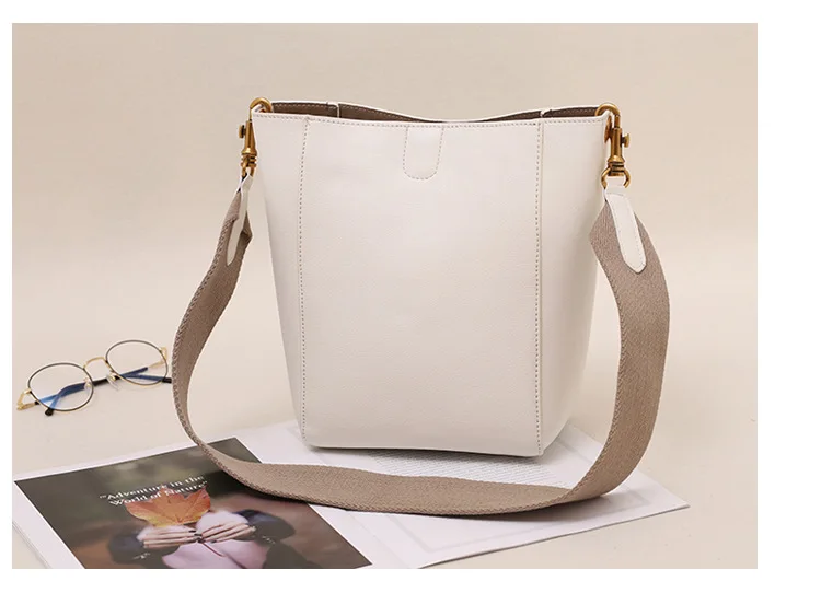 Leather Bucket Bag Women Wide Shoulder Strap Messenger Bag Large Capacity Simple Shoulder Bag