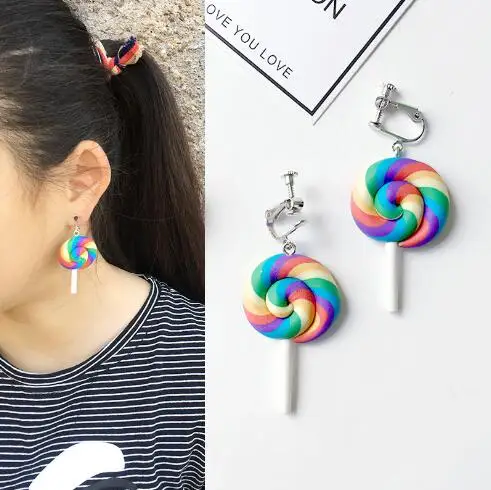 

Korean Fashion Rainbow Swirl Lollipop Dangle Earrings Christmas gift Handmade Candy Earring Woman Girl Jewelry 4 Color Wholesale
