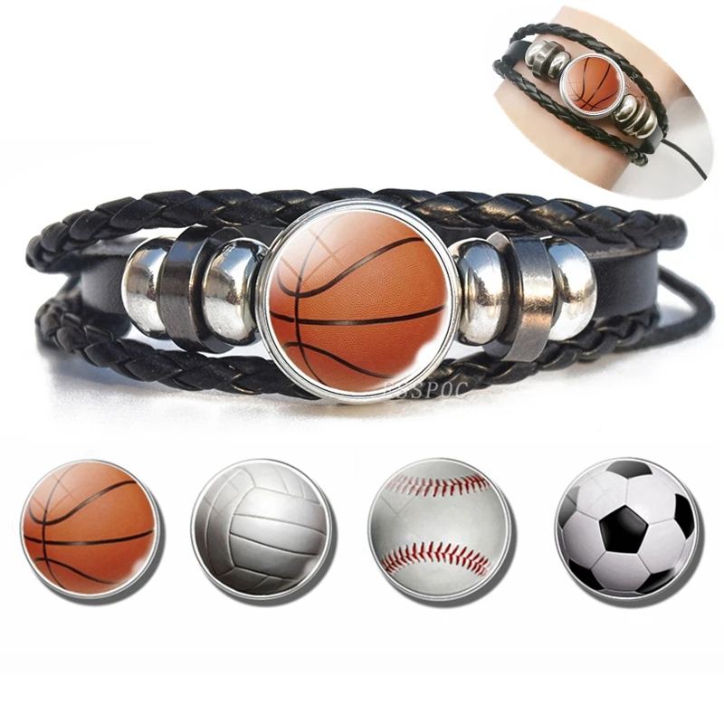 Баскетбольная подвеска, кожаный браслет для мужчин, Модный черный кожаный плетеный браслет, баскетбольный футбол, бейсбол, ювелирные изделия для мужчин, подарки