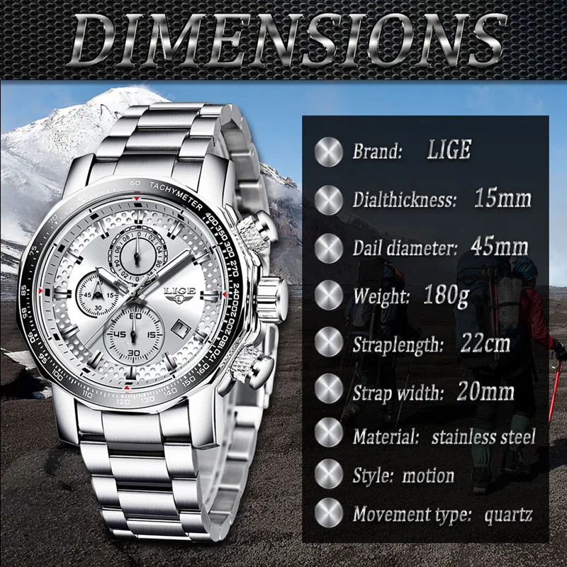 LIGE, кварцевые роскошные спортивные водонепроницаемые часы для мужчин, Лидирующий бренд, черный, белый циферблат, нержавеющая сталь, серебристый ремешок, хронограф, reloj hombre