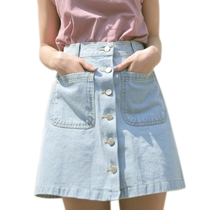 

Summer Women High Waist Denim Skirts With Pocket Front Single-breasted Vintage Jeans Skirt NYZ Shop