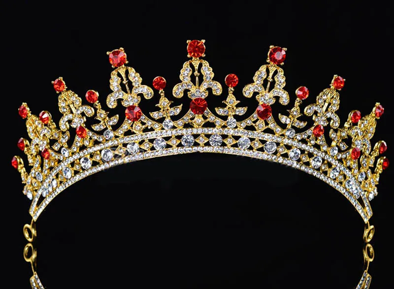 HIMSTIRY Европейская королевская принцесса винтажная корона для волос Свадебная вечеринка хрустальные стразы диадема Принцесса Корона для волос - Окраска металла: GOLD RED STONES