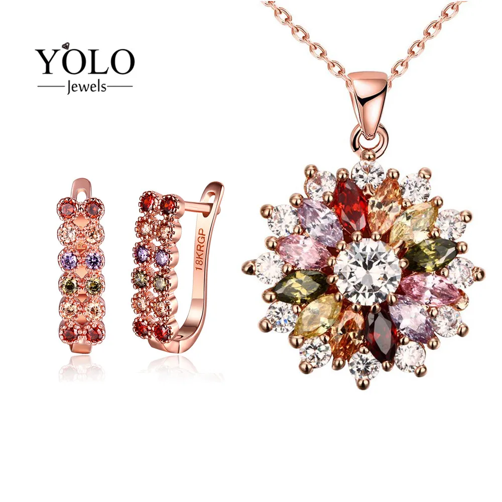 

Bohemia Vintage Rose Gold Color Jewelry Set for Women Flower Design Multi-color Cubic Zirconia Necklace Stud Earrings Love Gift