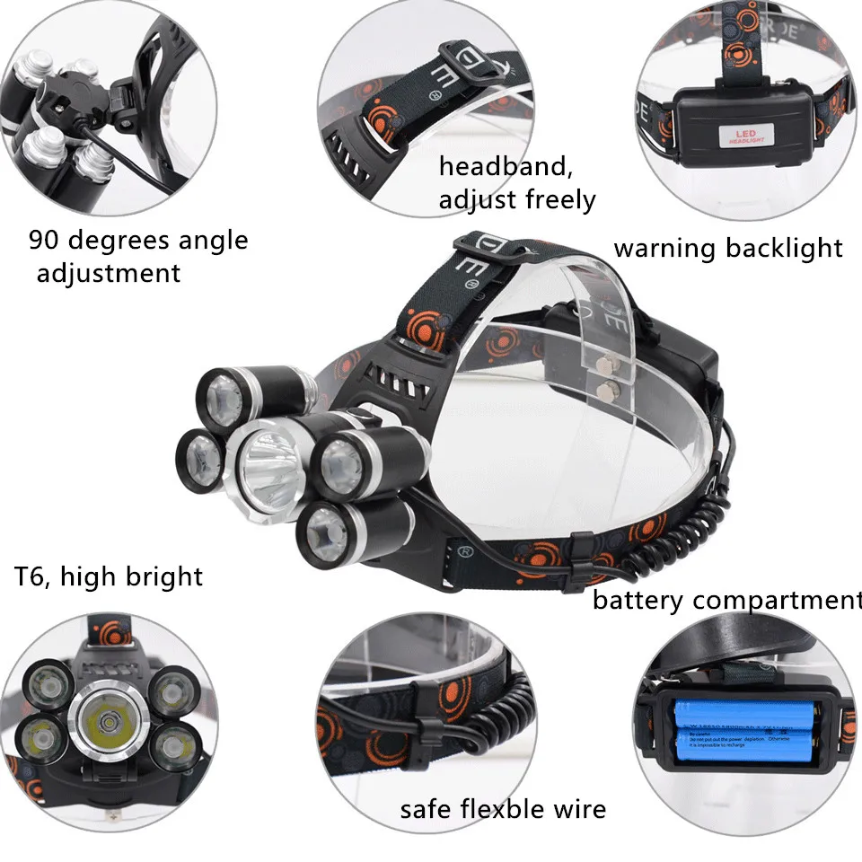 Head Lamp XML T6 Head Lamp Rechargeable Waterproof Headlight 5 Led Flashlight Headlight 18650 USB For Fishing Headlamps         3