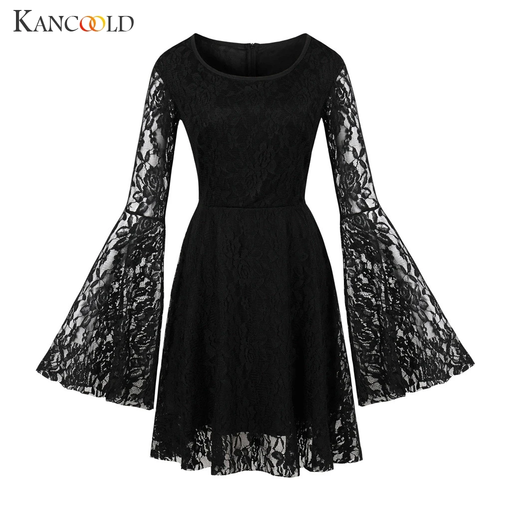 

KANCOOLD dress Women Long Sleeve Solid Lace O-Neck Dress Pach-work Perspective Casual Fashion new dress women 2019jul23
