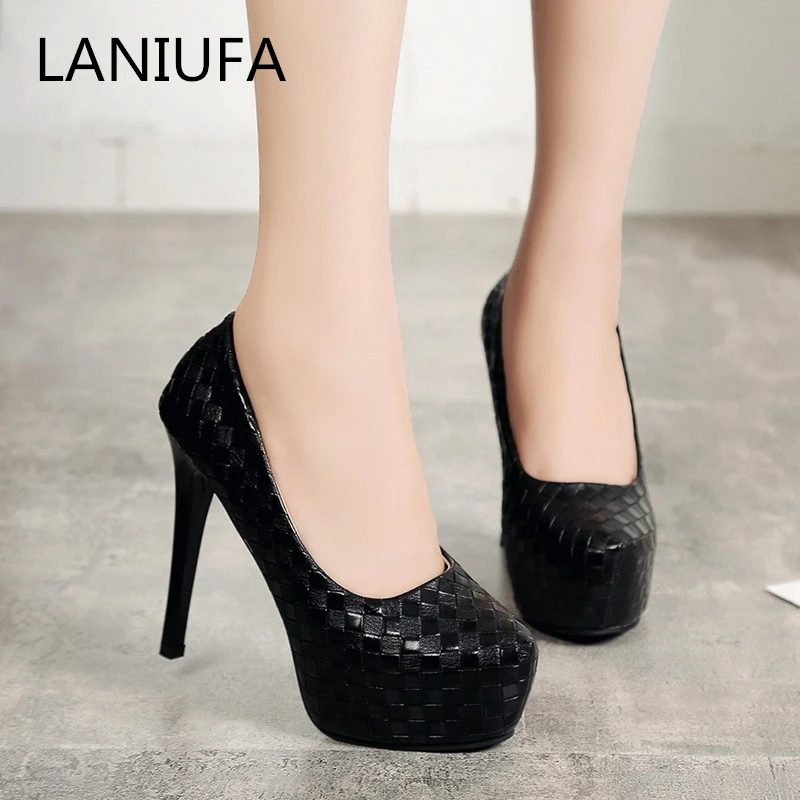 

women Pumps derss Shoes Sexy Women PU Leather Round Toe Slip-On Platform High heels Party shoes women mujer plus size 34-42 #098