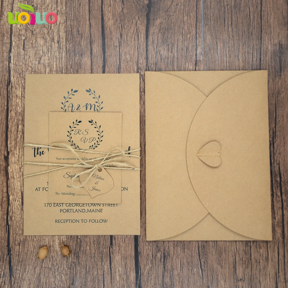 

2018 weddings supplier laser cut wedding card models kraft paper rustic style wedding invitation card RSVP envelop and rope