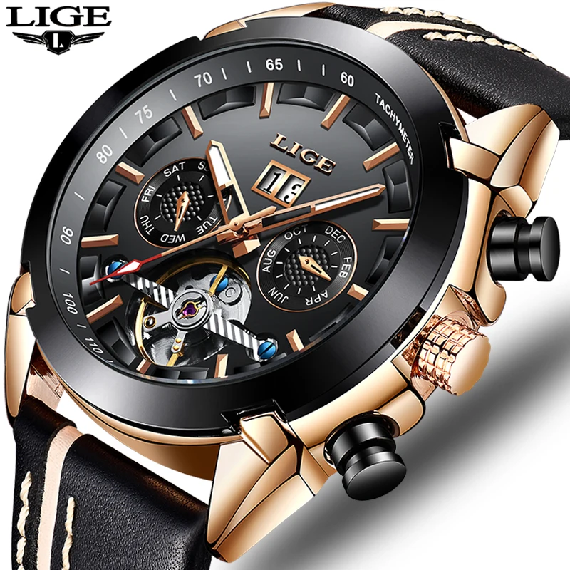 

LIGE Mens Watches Top Brand Luxury Men Military Sport Watch Leather Waterproof Mechanical Watch Tourbillon Mechanical Watch+Box