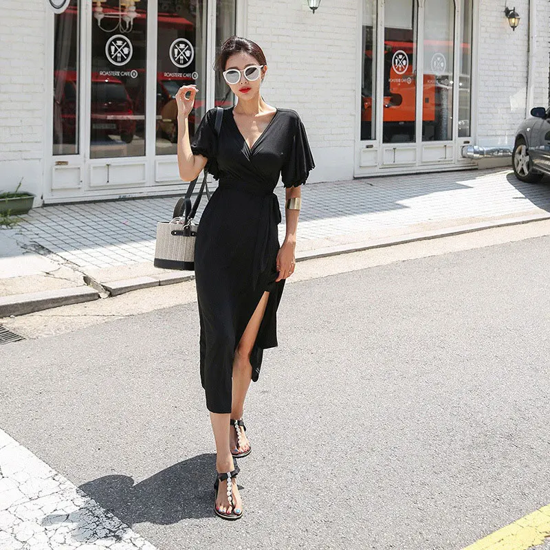 

2019 Summer Women V-Neck Butter Sleeve Solid Long Wrap Dress Ladies Beach Dresses Robe Longue Femme Ete