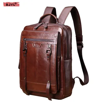 

2019 New Genuine leather Men backpack retro first layer leather 15 inch laptop bag male large capacity computer travel backpacks