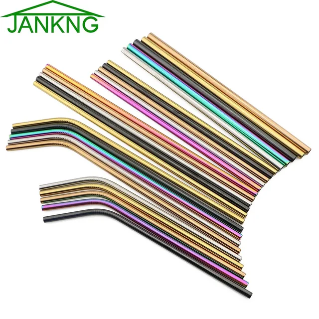 JANKNG 2-Pcs Reusable Metal Drinking Straws 304 Stainless Steel Sturdy Bendy Upright Drinks Straw for Mugs with Cleaning Brush
