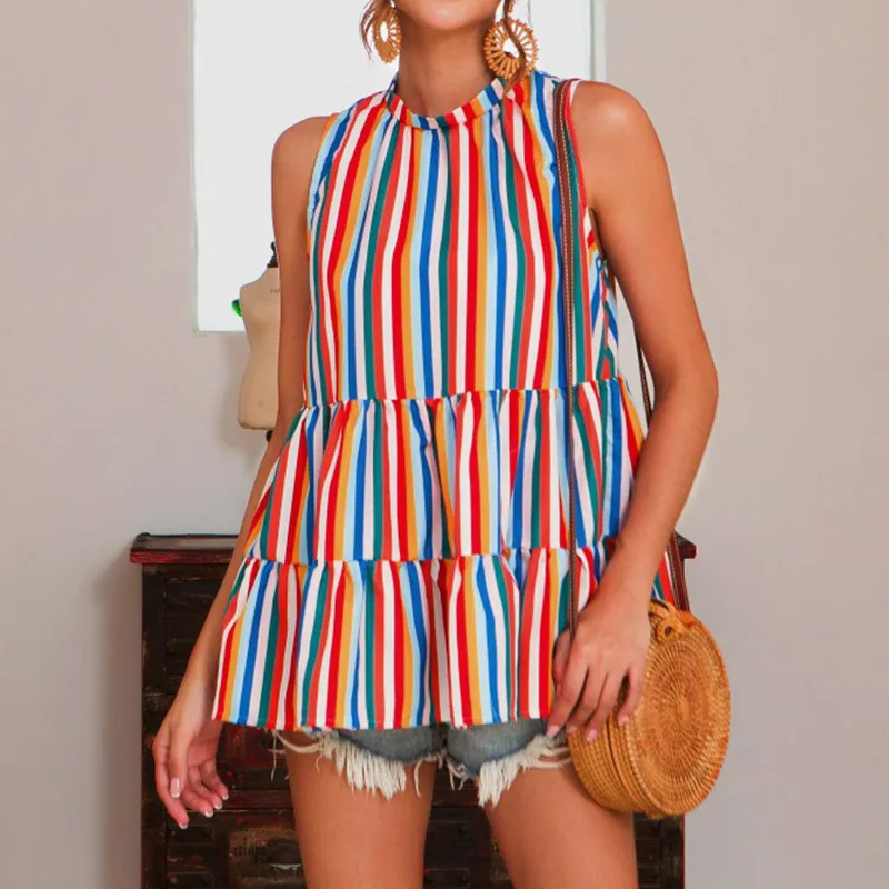

Striped Patchwork Blouse Shirt Top Women O-Neck Sleeveless Feminine Blouses 2019 Summer Casual Loose Pollover Tops Woman Clothes