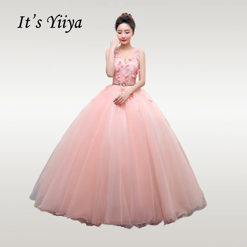 

It's YiiYa Wedding Dress Appliques Sleeveless V-neck Wedding Dresses Plus Size Elegant Floor Length Lace Vestido de novia CH025