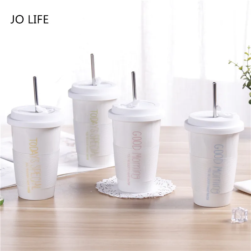 

JO LIFE White Ceramic Anti-scalding Straw Coffee Mugs Travel Milk Cup