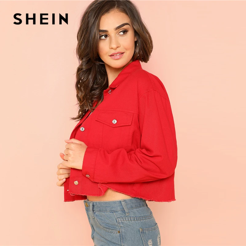 price reduction  SHEIN Red Solid Pocket Front Button Up Jacket Cotton Casual Plain Long Sleeve Single Button Coat Cl