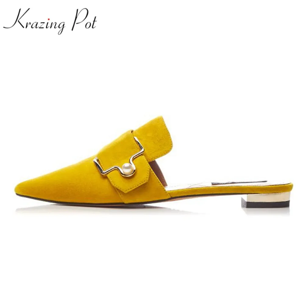 

Krazing pot kid suede low heels women slides hollywood star pointed toe sandals metal buckle pearl shallow outside slippers l99