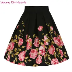 Летние винтажные юбки с цветочным принтом в европейском и американском стиле, Женская юбка с высокой талией, элегантная трапециевидная