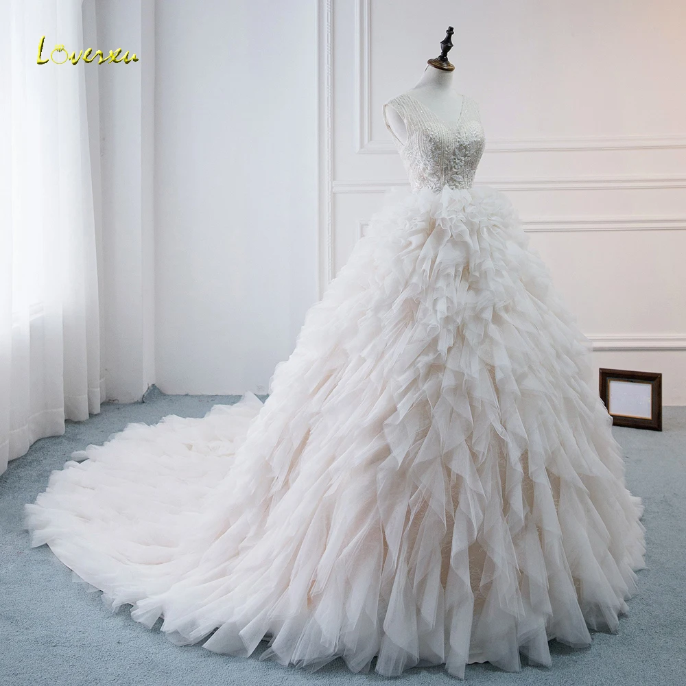 Loverxu Vestido De Noiva кружевное бальное платье с оборками свадебное платье сексуальное, с открытой спиной, вышитое бисером жемчугом корт поезд винтажное свадебное платье
