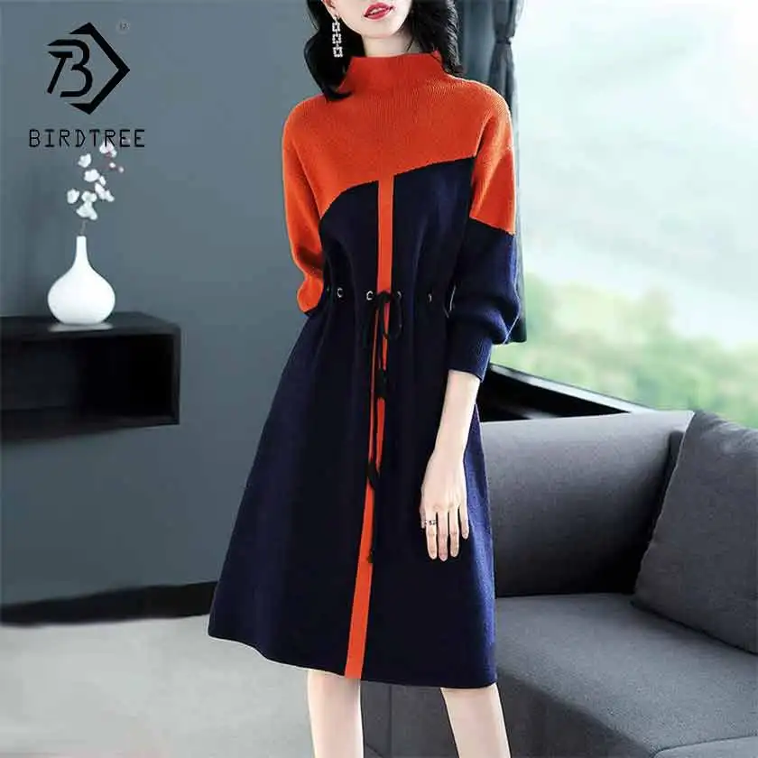 

2019 New Women's Patchwork Loose Knitted Midi High Waist Sashes Sweater Dress Fashion Elegant Casual Turtleneck Pullovers D93504