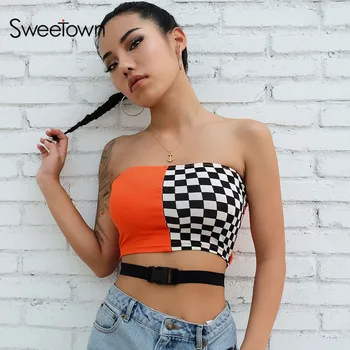 

Sweetown Sexy Strapless Checkerboard Boob Tube Top Women Summer Buckle Belt Bandage Top Bralette Crop Bandeau Top Streetwear