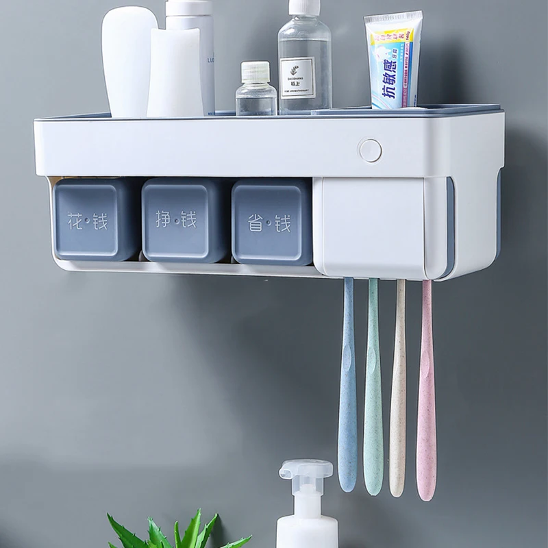 Soporte de cepillo de dientes multifuncional montado en la pared y dispensador autom/ático de pasta de dientes Organizador de toallas en rack de almacenamiento con 2//3//4 tazas Accesorios para ba/ño