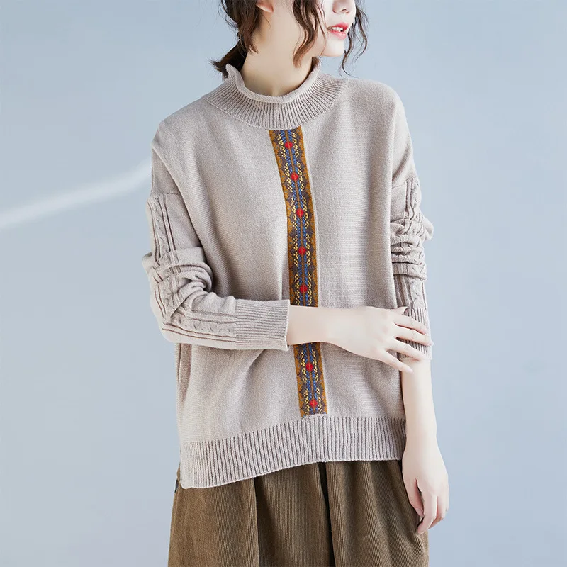 Johnature 2018 New Korean Solid Color Patchwork Print Swaeaters Casusal Autumn Winter Pullover Loose Women Sweaters | Женская одежда
