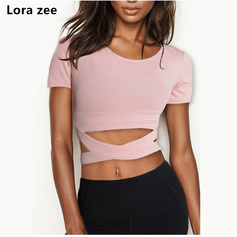 

LORA ZEE Short Sleeve Strappy Sport T Shirt Lightweight Super Soft Gym Yoga Top O Neck Tank Top Cropped Sports Wear For Women