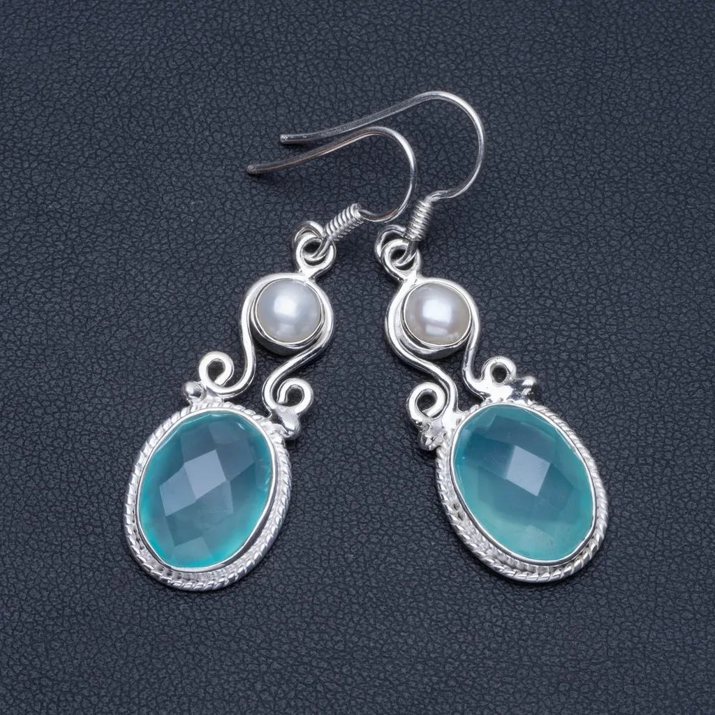 

Natural Chalcedony and River Pearl Boho 925 Sterling Silver Drop Earrings 1 3/4" R1380