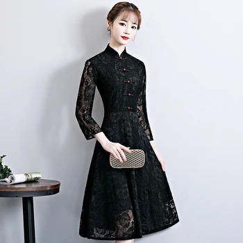 

Sexy Long Cheongsam 2018 Summer Vintage Chinese style Dress Fashion Womens Lace Qipao Slim Party Dresses Button Vestido