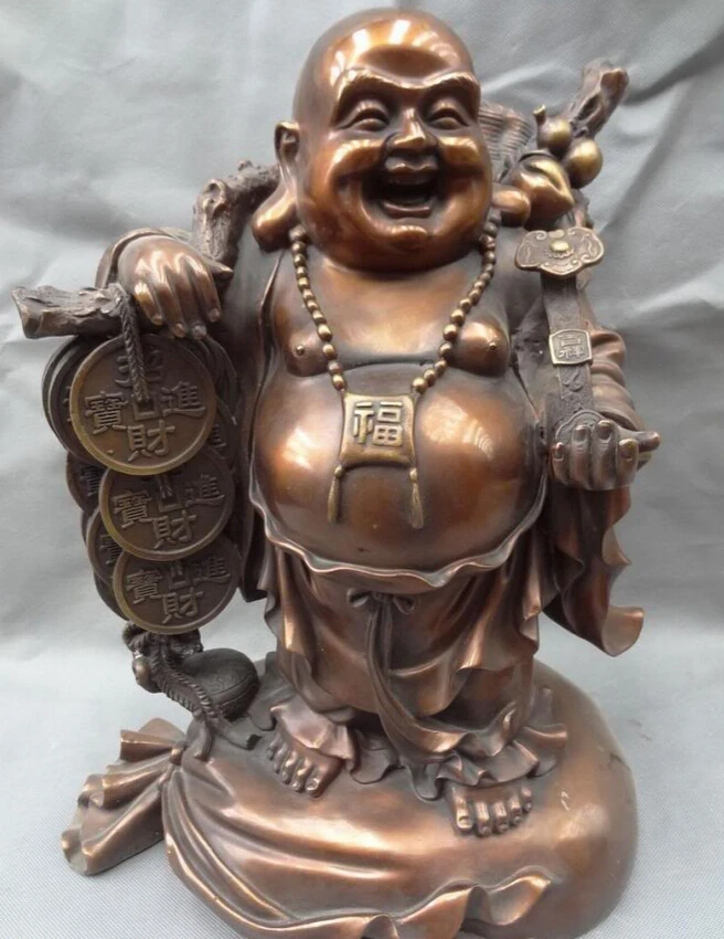 

fast shipping USPS to USA S1772 17" Chinese Pure Bronze Fu RuYi Happy Laughing Maitreya Buddha Coin Bag Statue
