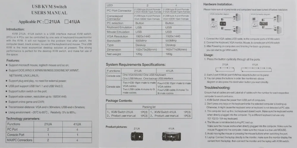 CHIPAL 2 порта USB 2,0 KVM коммутатор 1920*1440 VGA SVGA разделитель коробка с 2 шт Кабели для клавиатуры мышь монитор принтер