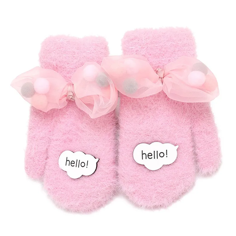 Вязаные перчатки для маленьких девочек, зимние теплые кружевные перчатки с широкими пальцами, перчатки для детей, детские перчатки для малышей - Цвет: Розовый
