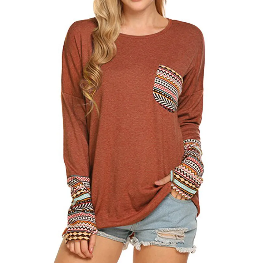 Cropped Feminino 2018 Spring Women's Patchwork Casual Loose T-shirts Autumn Ladies Long Sleeve Crewneck Pocket Tee Tops #YL