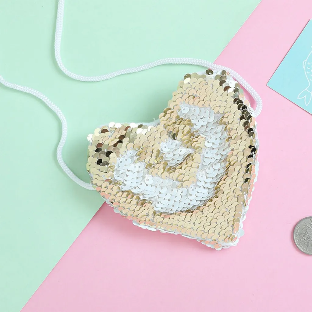

New Teen Girls Kids Heart Shape Sequin Shoulder Coin Card Holder Purse Glitter Change Wallet Crossbody Mini Pouch Bag1.2 #T09