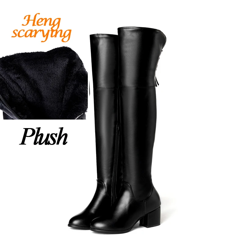 

2018 Plus Size 32-46 Women Over The Knee High Winter Plush Long Boots Female Block 6cm High Heels Boots Lady Bottes Fluff Shoes