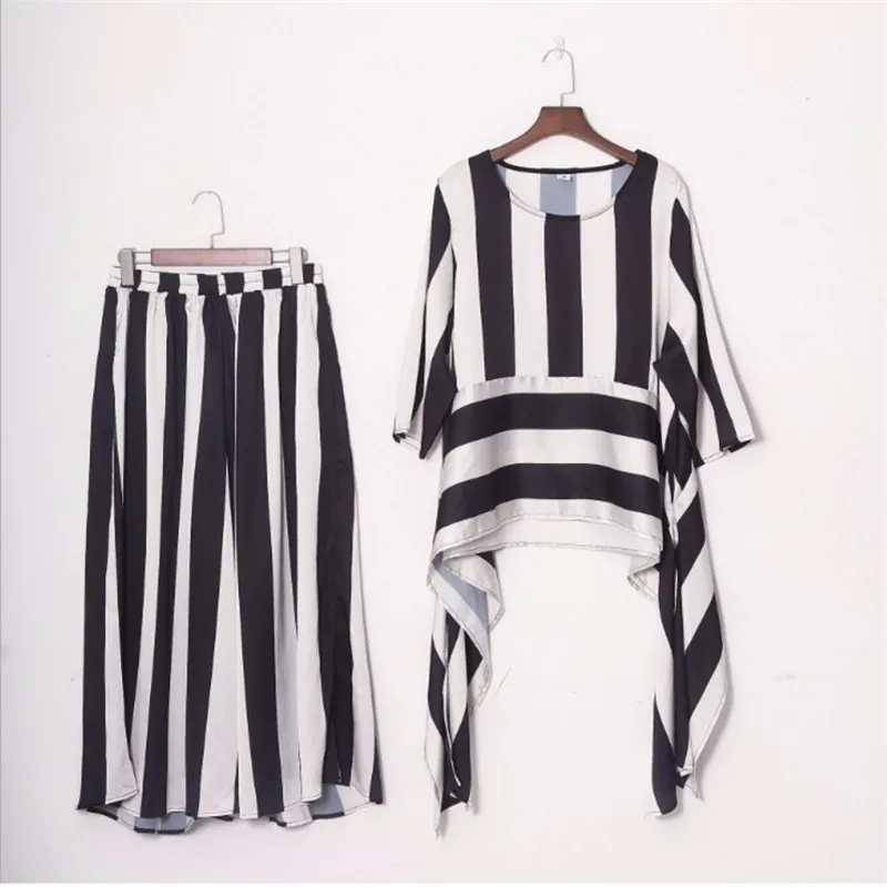 

QIANYUER 2019 Spring Summer New Fashion Wide Striped Asymmetry Hem Shirt + Elastic Waist Long Pants Women Two Pieces Set