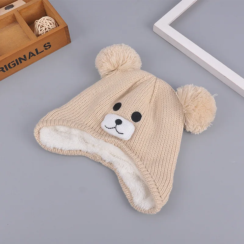 Soft Warm Bear Beanie Hat For Baby Boys Girls Cute Cartoon Kids Hat With Pompom Knitted Double Layer Velvet Winter Baby Hat New