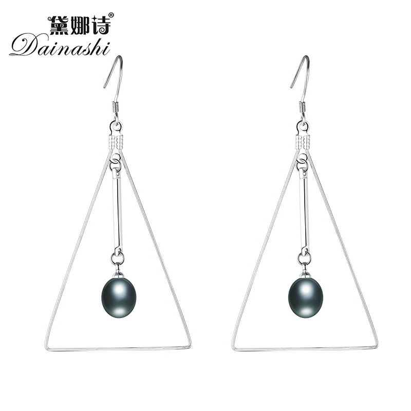 

2017 New Triangle dangle earrings women with black 8-9mm water drop shape 100% genuine freshwater jewelry birthday gift