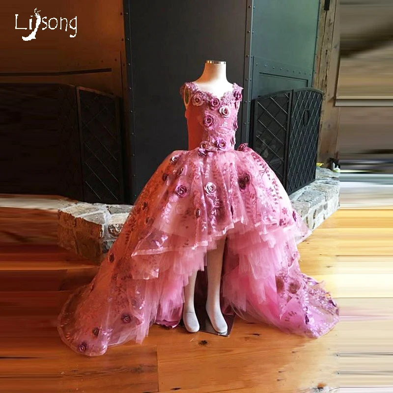 

Rose Pink Special Design Floral Puffy Tiered Floor Length Custom Made Flower Girl Dress for Wedding Celebrity Birthday Maxi Gown