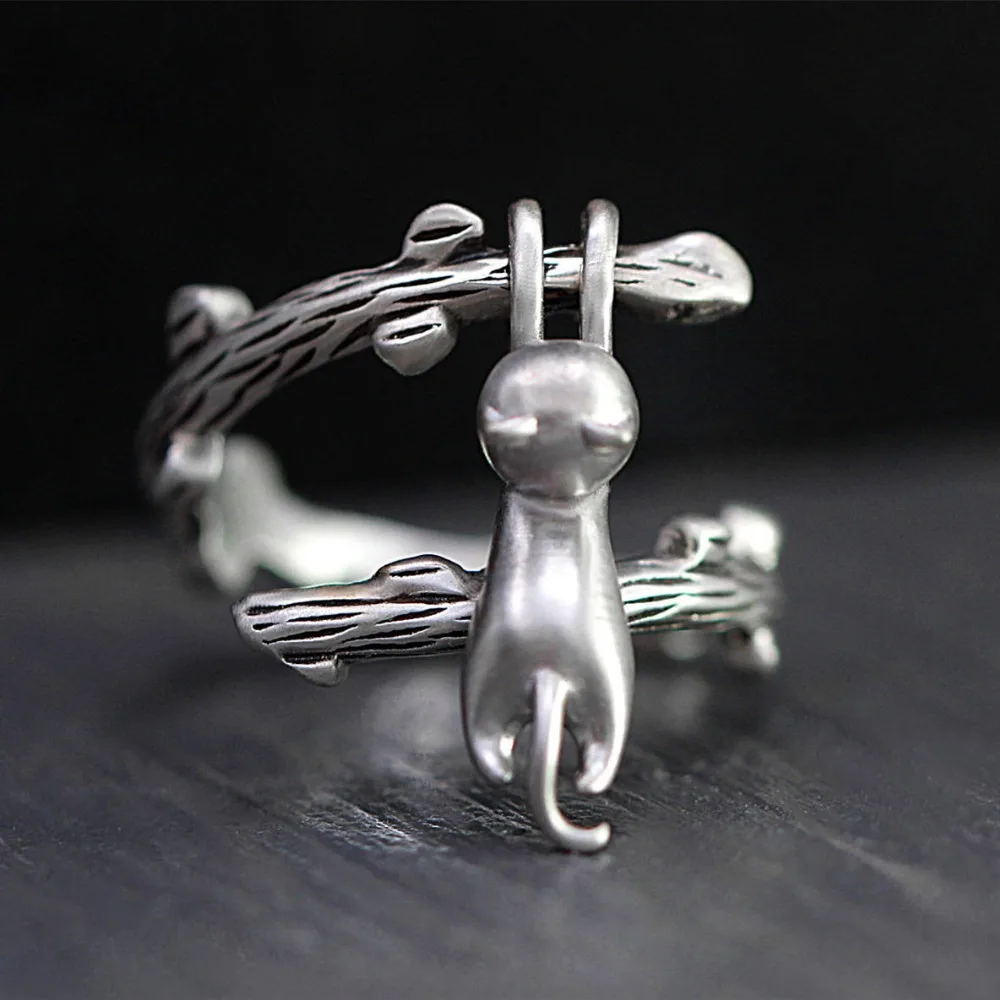 Милое женское кольцо в стиле бохо с маленьким котом, Мода 925, серебряное открытое обручальное кольцо, винтажные обручальные кольца для женщин, подарки на день Святого Валентина