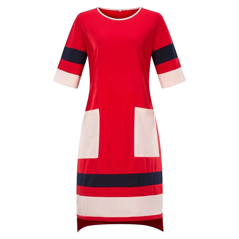 

Women Plus Size Half Sleeves O Neck Colorblock Stripe Big Pockets Casual Office Lady Work Midi Pencil Dress