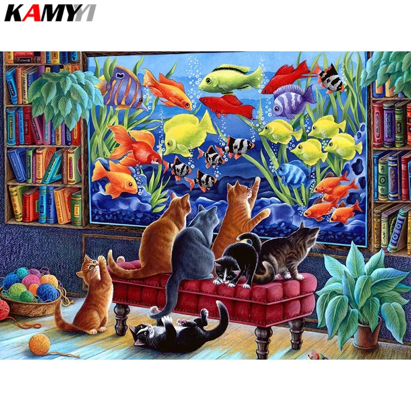

Full Square Diamond embroidery Full Diamond mosaic DIY 3D Diamond painting Cross stitch Cat wants to catch fish rhinestones