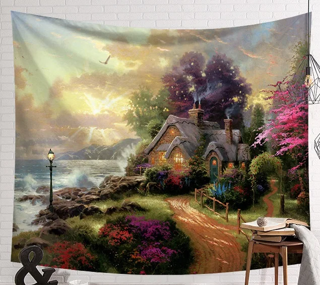 

CAMMITEVER Fantastic Scenic Forest Cabin Green Light Big Red Mushroom Hanging Living Print Wall Tapestry Decoration New Tapestry