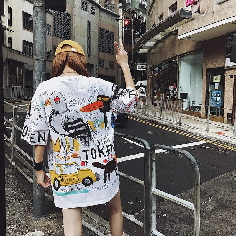 Женская винтажная длинная футболка Harajuku белая с коротким рукавом и