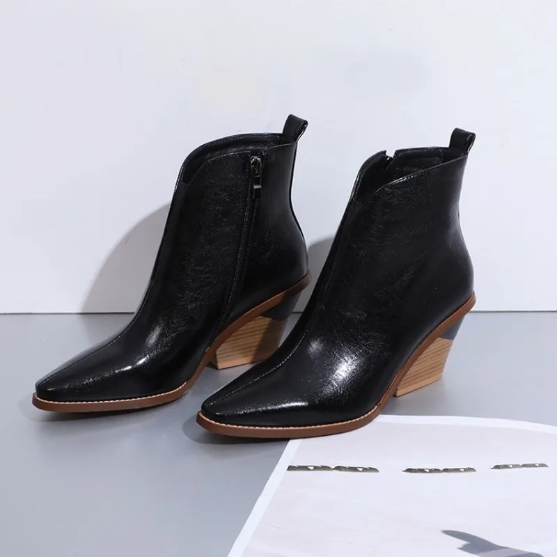 

US4-11 Womens Pointed Toe Ankle Boots Snaker Pattern Spike Chunky High Heel Side Zip Warm Fleece Linter Winter Western Shoes Sz