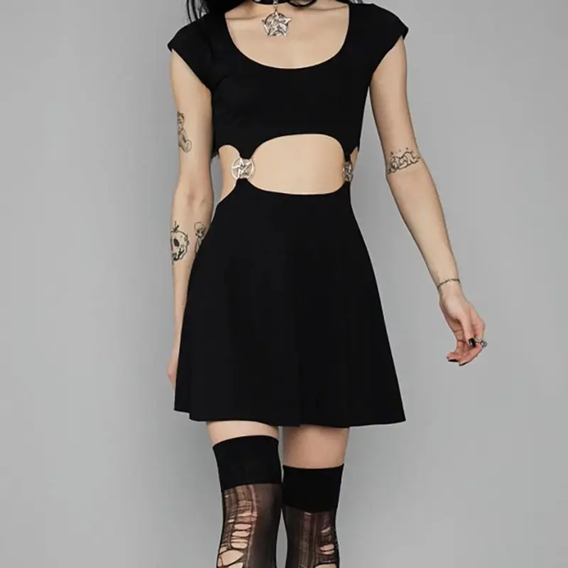 

2019 New Summer Punk Gothic Mini Dress Women A Line Hollow Sexy Club Pentagram Goth Causal Black Streetwear Hipster Dresses