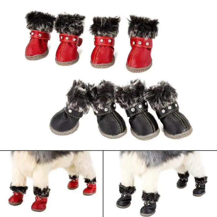 4 шт. в комплекте, Обувь для собак, теплые непромокаемые сапоги из искусственной кожи, нескользящая модная обувь, подарок на зиму, J2Y