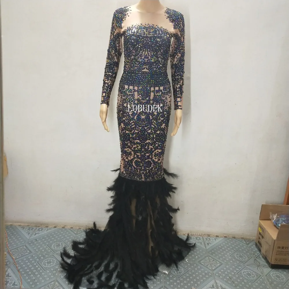 

Female Sparkly Stones Long Sleeve Dress Black Feathers Trailing Dress Nightclub Party Stage Costume Winter Bar Prom DS Clothing