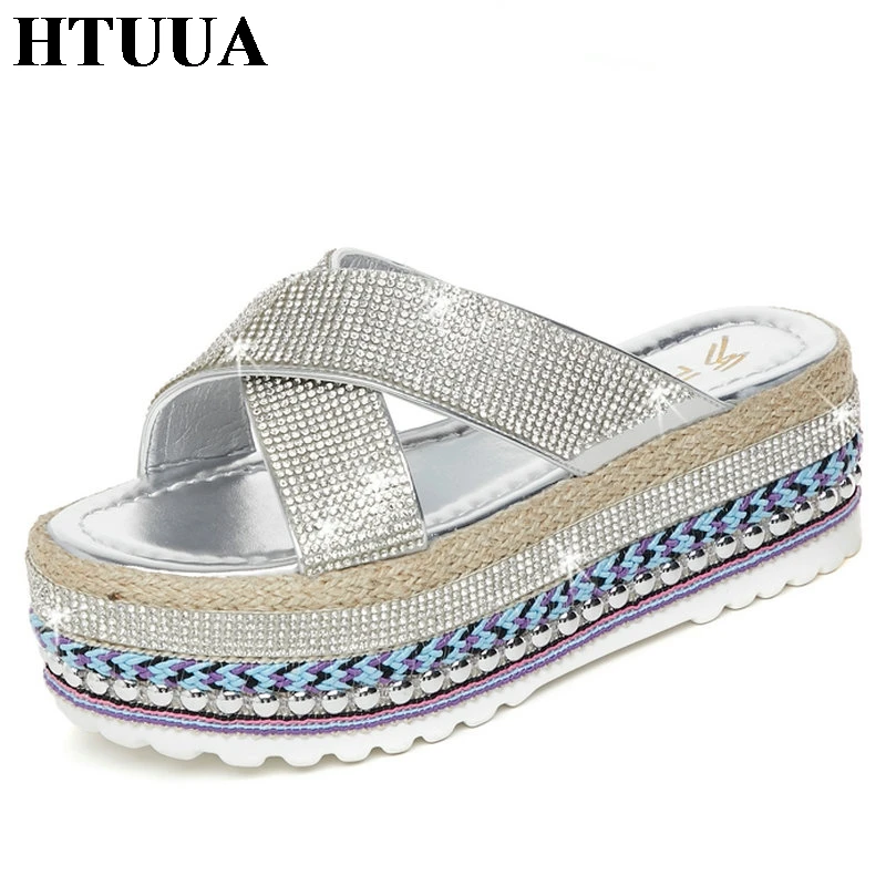 

HTUUA New Summer Leather Crystal Women Slippers Chunky Heel Platform Slides Casual Open Toe Flat Sandals Beach Flip Flops SX2802